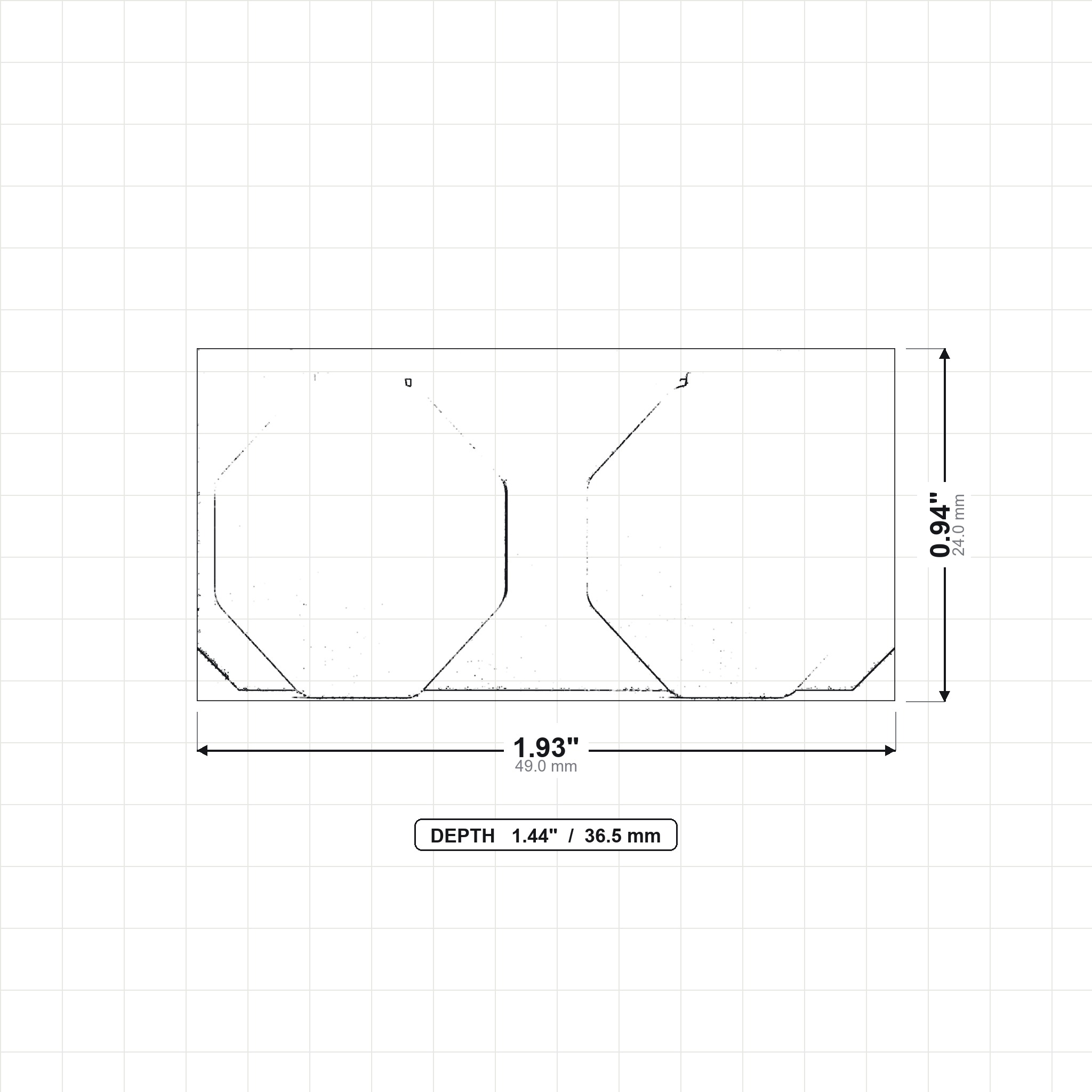 Dimension diagram of a printed Multibuild shelf showing its width, depth, and the spacing of its two snap plates