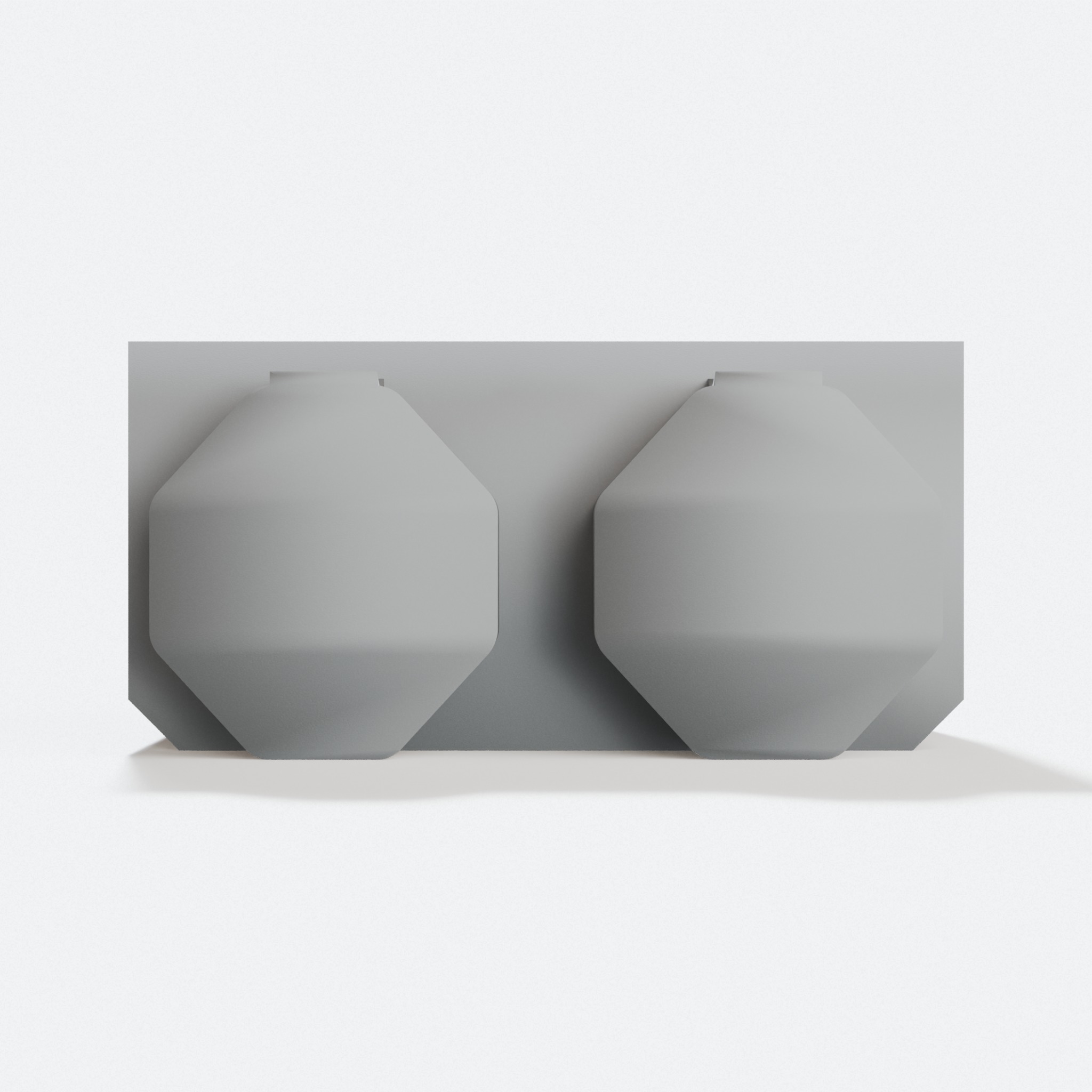 Straight-on render of a printed Multibuild wall shelf showing its two octagon mounting plates side by side