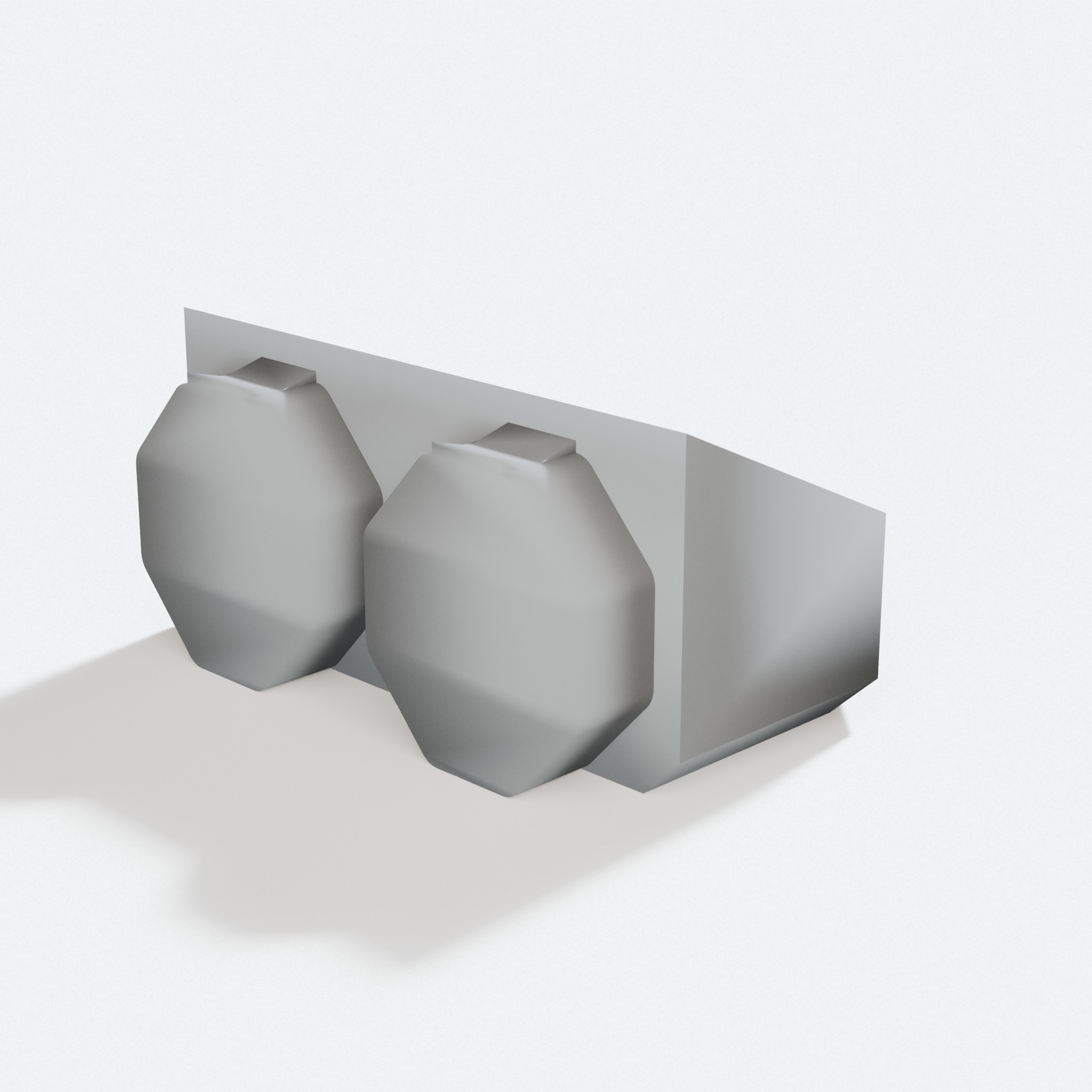 Render of a printed Multibuild shelf angled to show the octagon snap plates on its back, the shape that locks into Multiboard wall holes