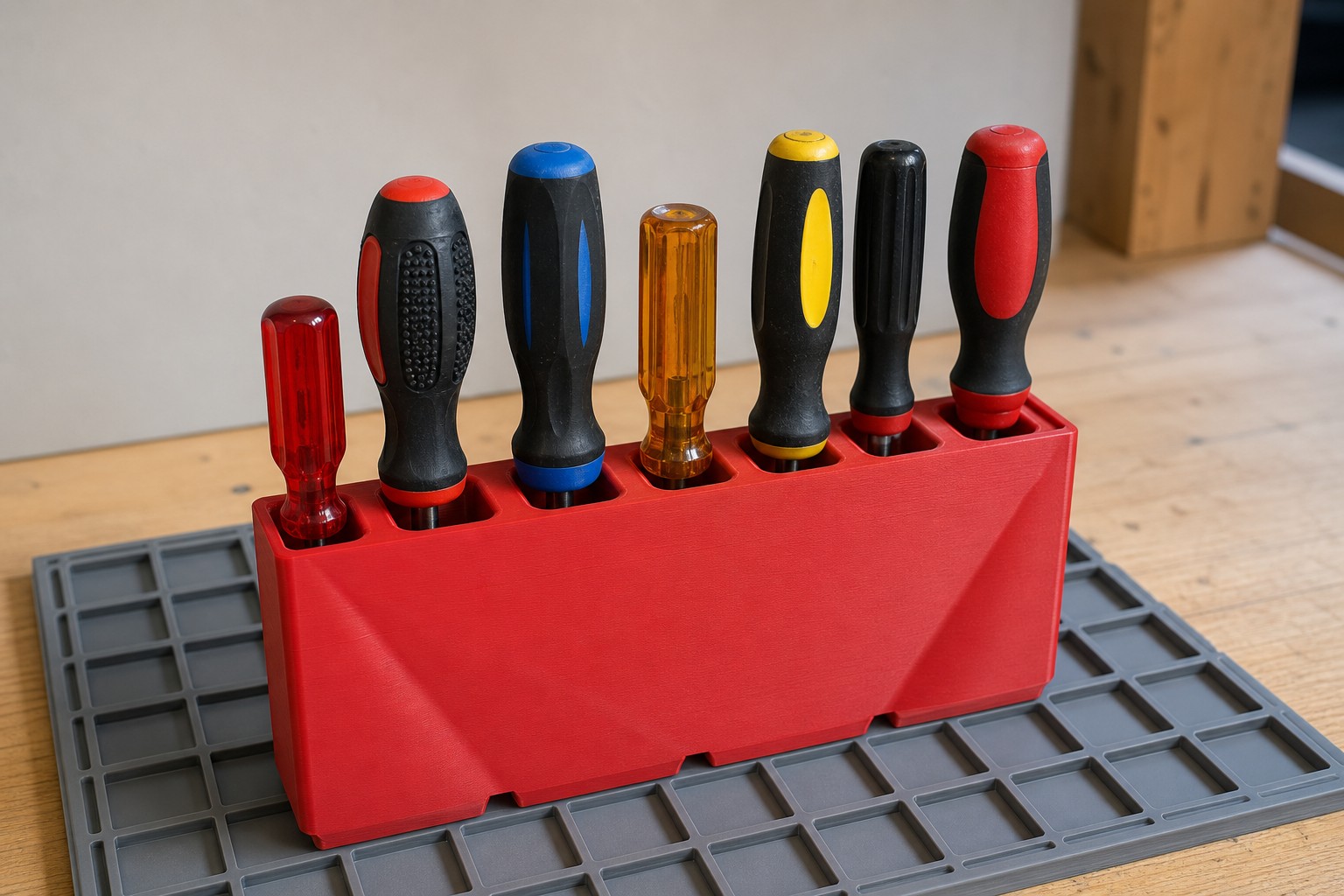 A red printed screwdriver rack on a workbench holding seven screwdrivers upright, sitting on a gray grid mat