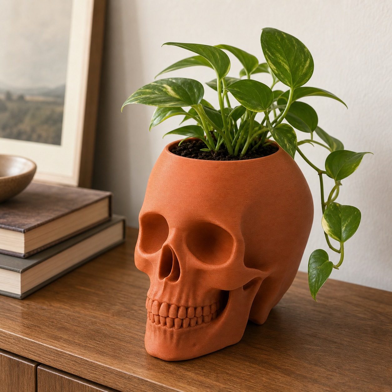A terracotta orange printed skull planter with a pothos plant growing from the top, on a wooden sideboard beside stacked books and a framed picture