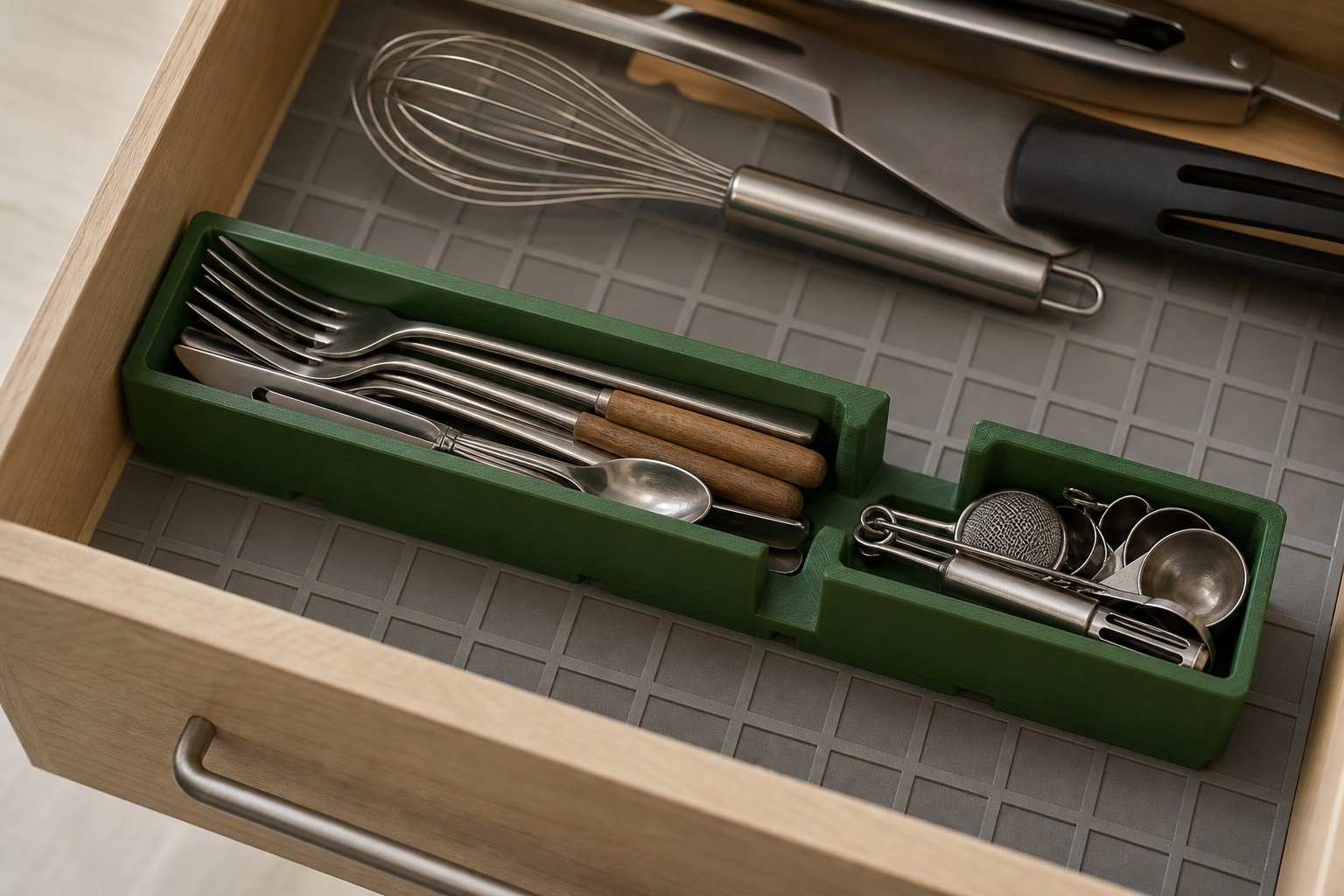 Green printed Gridfinity utensil bins holding forks, spoons, and measuring cups inside a light wood kitchen drawer lined with a gray grid