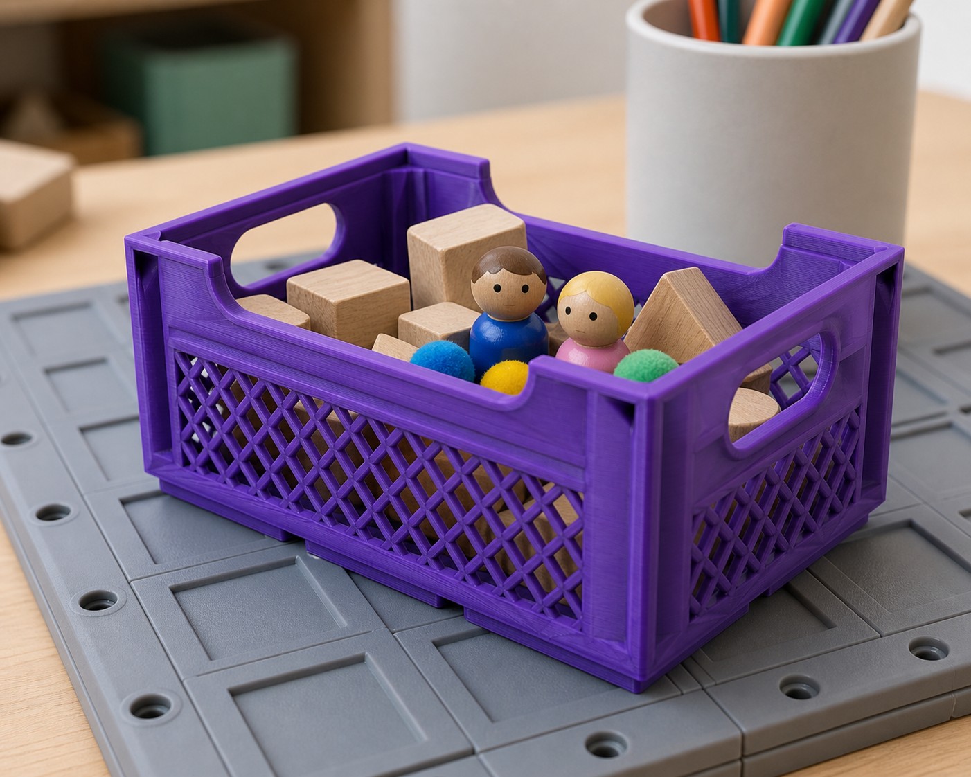 A purple printed storage crate filled with wooden toy blocks and peg dolls, sitting on gray grid tiles on a playroom table