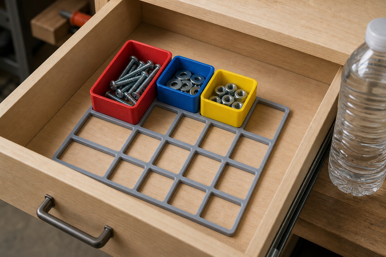 A gray Gridfinity baseplate in a workbench drawer with a red bin of screws, a blue bin of washers, and a yellow bin of nuts