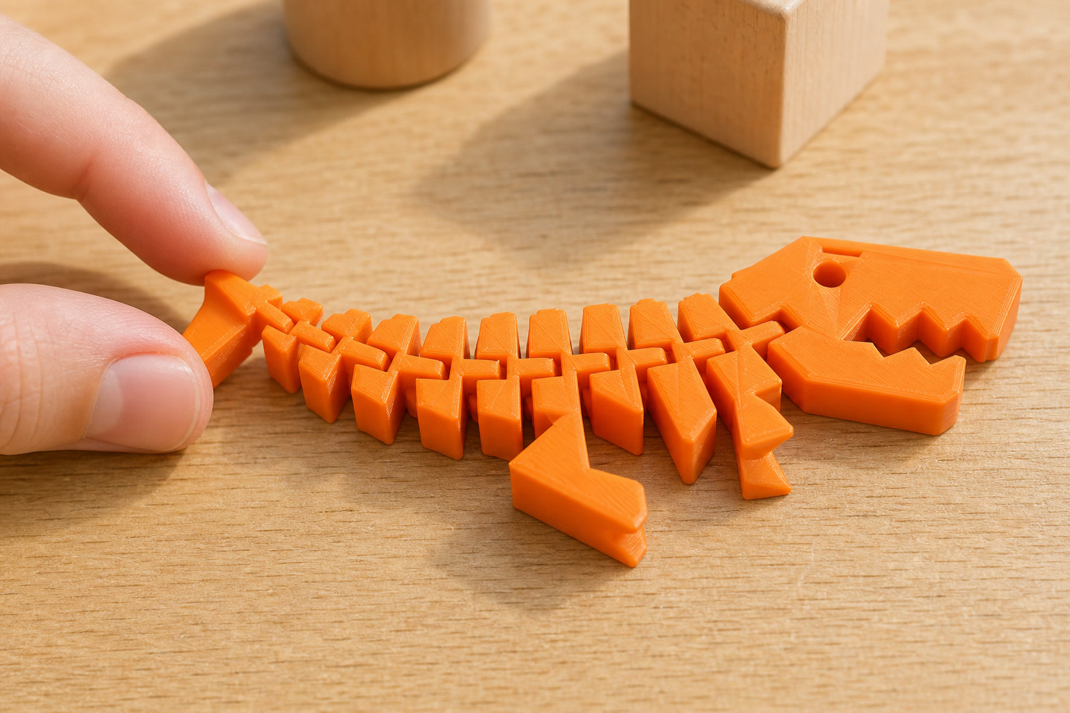 Fingers flexing the tail of an orange printed Flexi Rex dinosaur on a light wood table with wooden toy blocks behind it