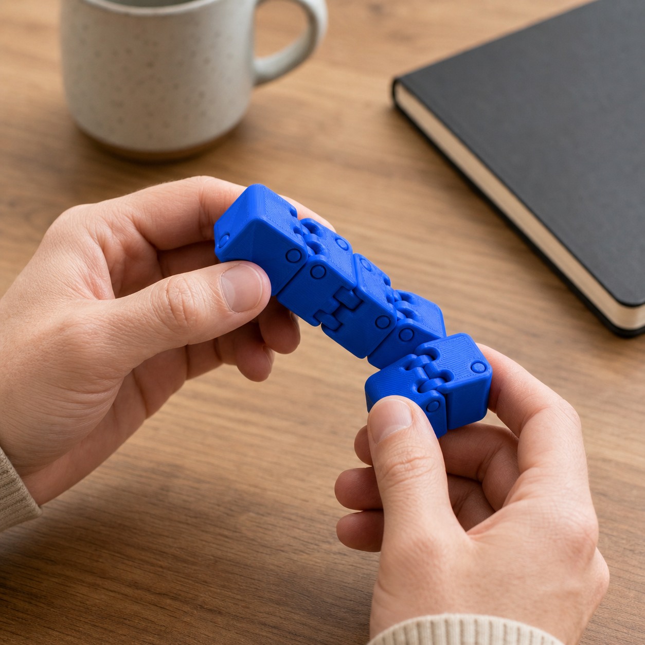 Two hands folding a blue printed fidget cube chain over a wooden desk, next to a speckled coffee mug and a black notebook